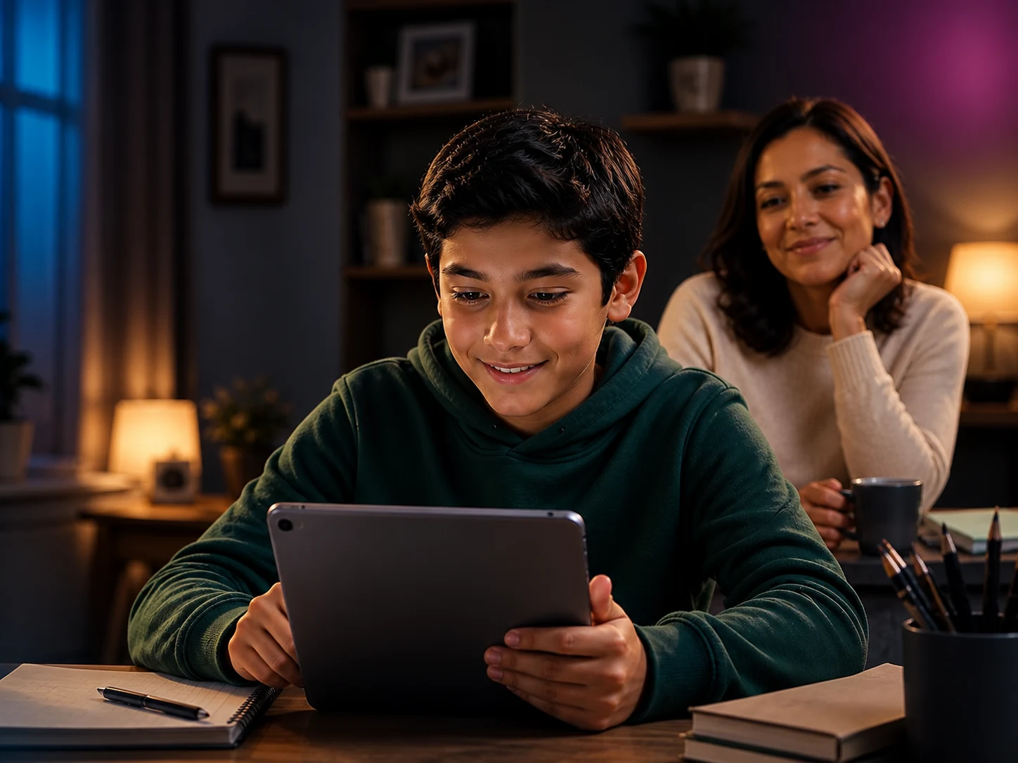 A Mexican student learning on an iPad while his mother looks on nearby